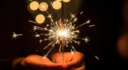 Hand holding bright burning sparkler creating festive sparks on dark background with warm bokeh lights during celebration evening