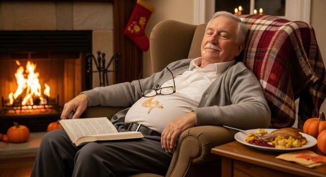Senior man napping in comfortable armchair by warm fireplace after big holiday meal at home in evening