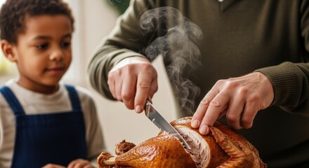 Adult man carving steaming roasted turkey for festive family dinner, young boy watches closely in cozy home