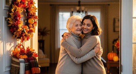 Grandmother and granddaughter embracing warmly at home entrance decorated with autumn wreath during fall season