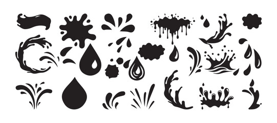 Black water drops vector. water splash, drop, and wave silhouettes. illustration eps 10
