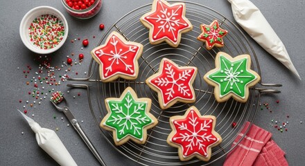 Star-shaped Christmas cookies with red green icing snowflake designs on cooling rack kitchen counter holiday season
