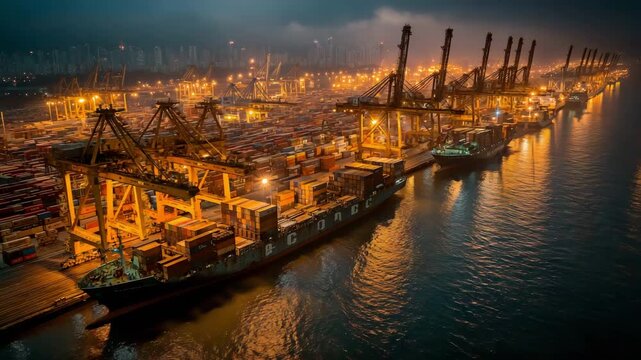 Industrial cargo container port loading and unloading in a nighttime aerial view hyperlapse of a container cargo ship international port terminal with gantry crane