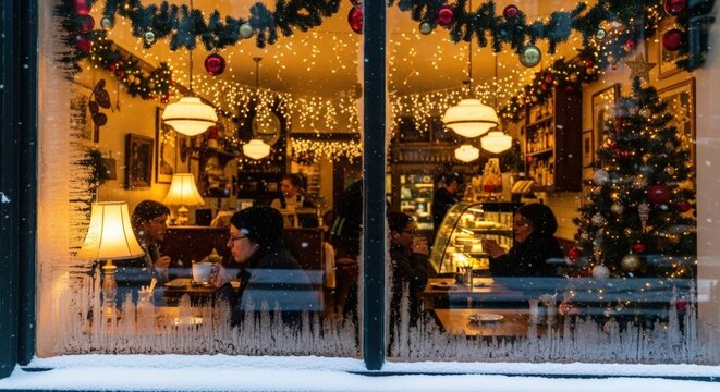 Cozy christmas cafe with people and festive lights seen from snowy street through frosted window during winter night - Powered by Adobe