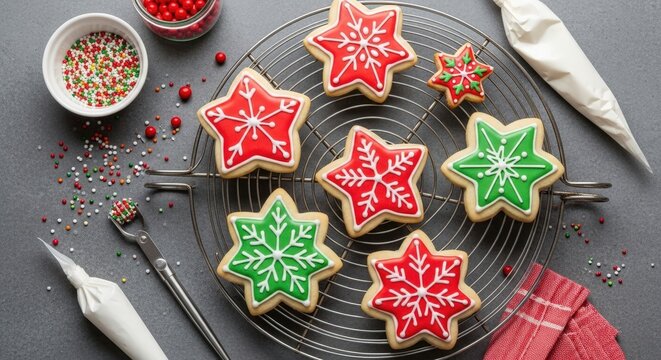 Star-shaped Christmas cookies with red green icing snowflake designs on cooling rack kitchen counter holiday season - Powered by Adobe