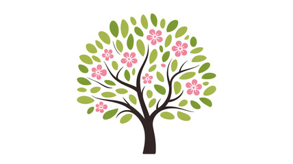 Fototapeta premium Minimalist spring tree illustration, dark brown trunk, delicate branches, serene composition