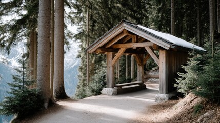 Mountain shelter along a forest path surrounded by tall trees and snow-capped peaks in a serene landscape during early morning light