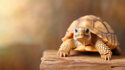 Obraz premium Sulcata tortoise on natural wooden table, showcasing its unique shell patterns and textures. warm background adds serene atmosphere, highlighting tortoise features and lifestyle
