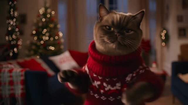 A burmese cat in a stylish sweater dances a graceful jig in a festively decorated living room with a christmas tree, looking at the camera with a mysterious smile.