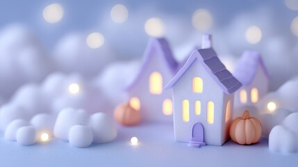 Cozy Halloween House with Soft Clouds and Warm Glow in Background