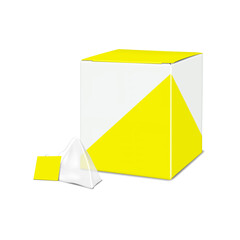 White empty pyramid tea bag with string and paper label tag in front of blank square paperboard box. Realistic 3d vector mockup. Triangle teabag package. Easy editable mock-up. Template for design
