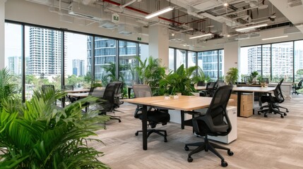 Modern Office Space with Natural Light and Green Plants Interior