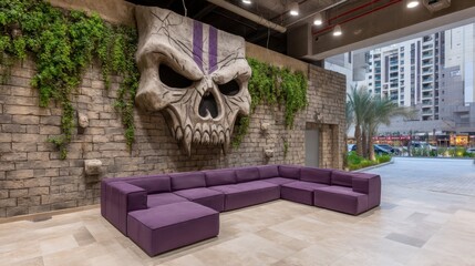 Modern Lounge Area with Unique Skull Wall Art and Greenery