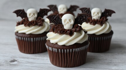 Spooky Halloween Cupcake with Skull and Chocolate Bat Decoration