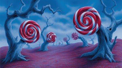 Whimsical Landscape with Candy Trees and Twisted Blue Sky