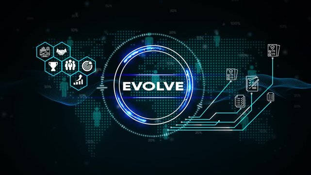 Digital concept of evolving strategies with global network and business icons evolve adapt