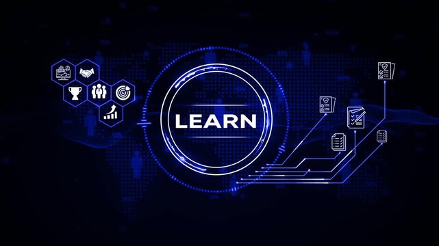 Digital concept of learning with icons and world map background education knowledge