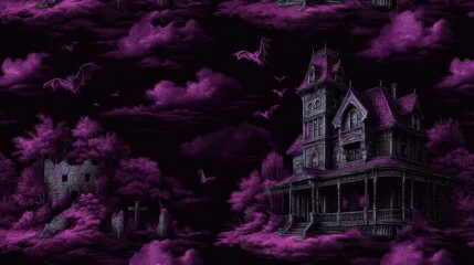 Mysterious Gothic House with Bats in Dark Purple Atmosphere