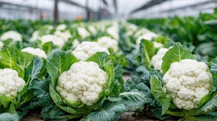 Fresh cauliflower growing in a greenhouse environment with lush green foliage