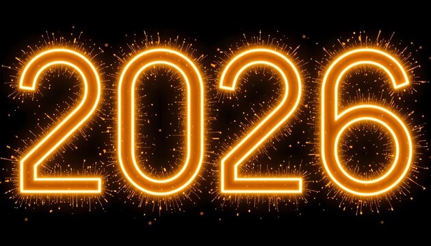 &ldquo;Bold neon typography &lsquo;2026&rsquo; glow karti hui black background par, electric sparks aur digital confetti ke sath &mdash; modern futuristic retro look.&rdquo;