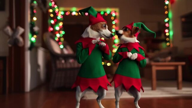 Two jack russell terriers in elf costumes dance an energetic jig on their hind legsin a christmas living room decorated with fairy lights and a tree, looking at each other with playful competition.