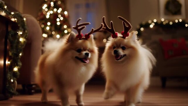 Two pomeranians with reindeer antlers dance a cheerful jig in a cozy christmas living room decorated with a tree and garlands, looking at each other with gleeful excitement.