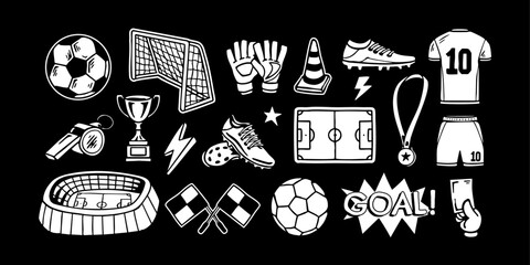 Vector football illustration set with soccer ball, goal, jersey, boots, gloves, trophy, stadium, medal, and field. Perfect for t-shirts, posters, stickers, sports graphics, and merchandise.  © cddesign.co