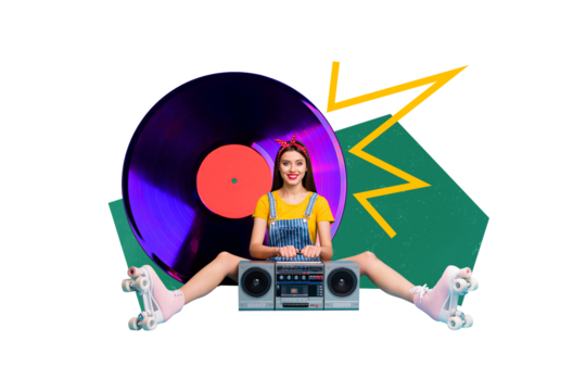 Creative collage picture young cheerful girl entertainment party audio music player cassette stereo boombox vinyl record roller skater