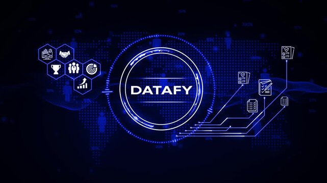 Digital abstract background with world map and data-centric business icons technology