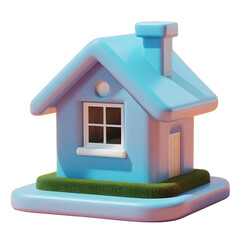 Playful Blue House with Chimney and Green Grass Base A Cheerful 3D Icon for Real Estate or Childhood