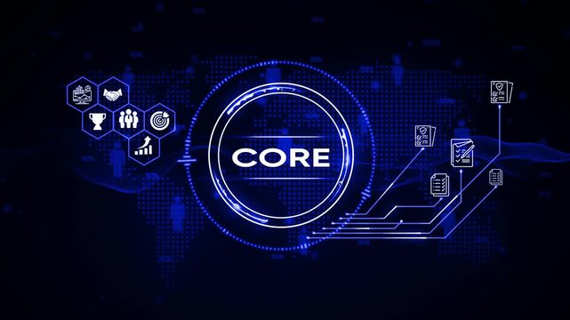 Digital concept of core business principle with global network and icons. 4k video animation