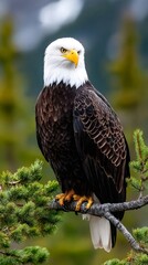 Fototapeta premium Bald eagle perching on a pine tree branch