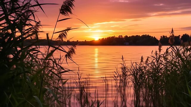 Sunset Over Calm Lake With Reeds In Foreground Realistic Background