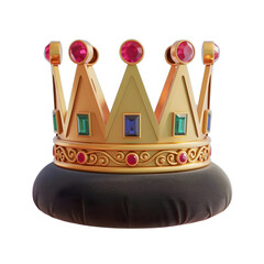 Ornate Gold Crown Adorned with Jewels Resting on a Plush Black Cushion Depicting Royalty and Regal Elegance