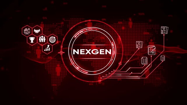 Abstract Digital World Map with Nexgen Logo and Business Icons in Red Tones background communication