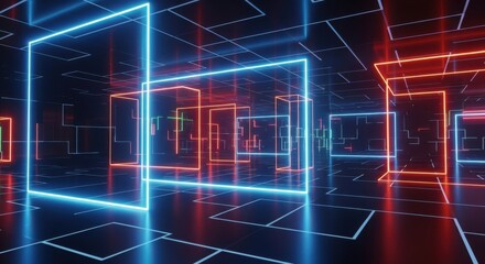 Bright neon lights illuminate a futuristic digital space with glowing lines and geometric shapes during nighttime