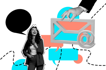Composite trend artwork sketch photo collage of young lady smile work stand smile email message chatting huge hand hold speech cloud