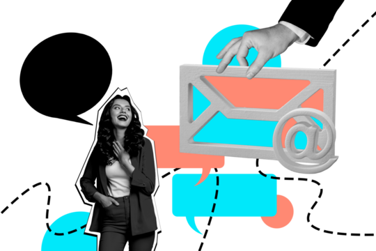 Composite trend artwork sketch photo collage of young lady smile work stand smile email message chatting huge hand hold speech cloud