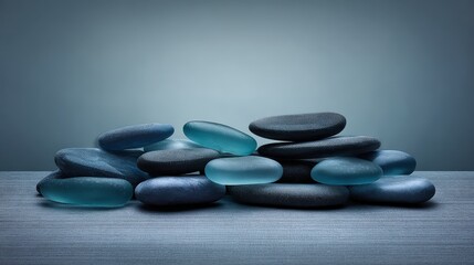 Arrangement of smooth blue and black stones on a textured surface