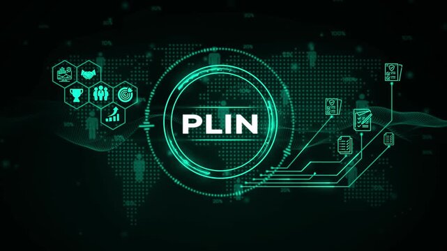 Digital global network with PLIN text and business icons on a dark green background PLIN technology