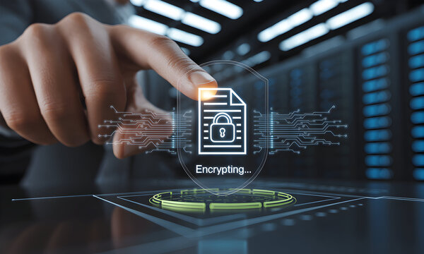 Data Encryption: Finger touching virtual lock on digital file, data center in background