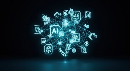 Floating AI automation and gear icons, data processing lines, glowing cyan-blue holographic projection, solid black background, futuristic machine learning interface concept