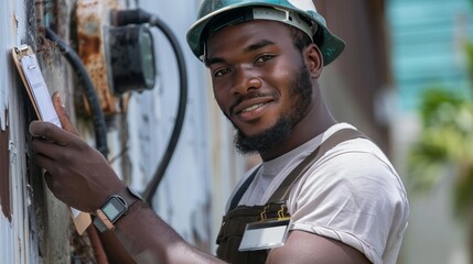 A smiling construction worker in overalls is seen preparing a wall for painting, holding a tool in his hand, with electrical equipment nearby, showcasing his expertise and dedication to the task at ha