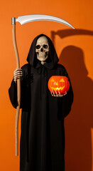 Grim reaper figure in black cloak holding a carved pumpkin, with a scythe in hand, set against a vibrant orange background, embodying the Halloween spirit and festive atmosphere