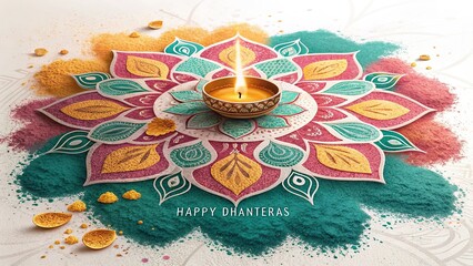 Happy Dhanteras, Beautiful royal festive Rangoli with diyas creating warm reflective glow.