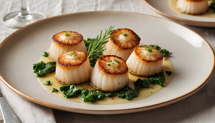 Seared Scallops on Spinach Bed with Butter Sauce, A Gourmet Dish