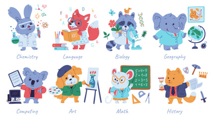 Fototapeta premium Cute animals geography, biology, math and art, history, computing language and chemistry scientist vector cartoon set
