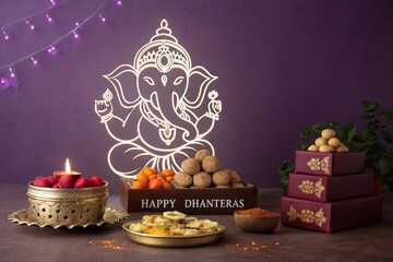 Happy Dhanteras, Graceful glowing silhouette of Lord Ganesha radiating divine blessings.