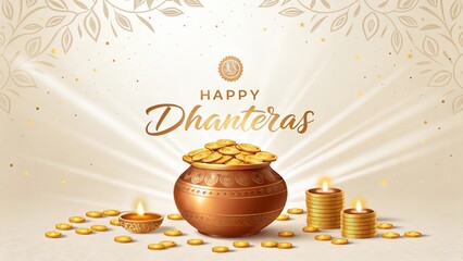 Celebrate Dhanteras, Overflowing golden coins in radiant copper pot symbolizing wealth and fortune.