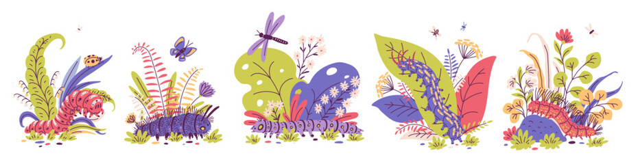 Cartoon caterpillars on floral background vector set, cute bug worm insect crawling doodle drawn with flowers and plants